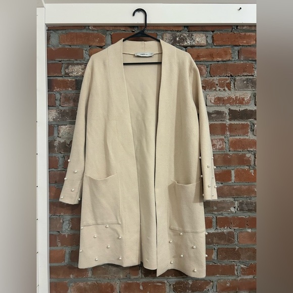 Zara Knit Cream Open Front Cardigan with Pearls Size S - Picture 1 of 5